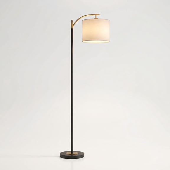 360 Lighting Rayna Mid Century Modern Downbridge Floor Lamp 61 1/2" Tall Black Gold Metal Off White Linen Drum Shade for Living Room Reading Bedroom