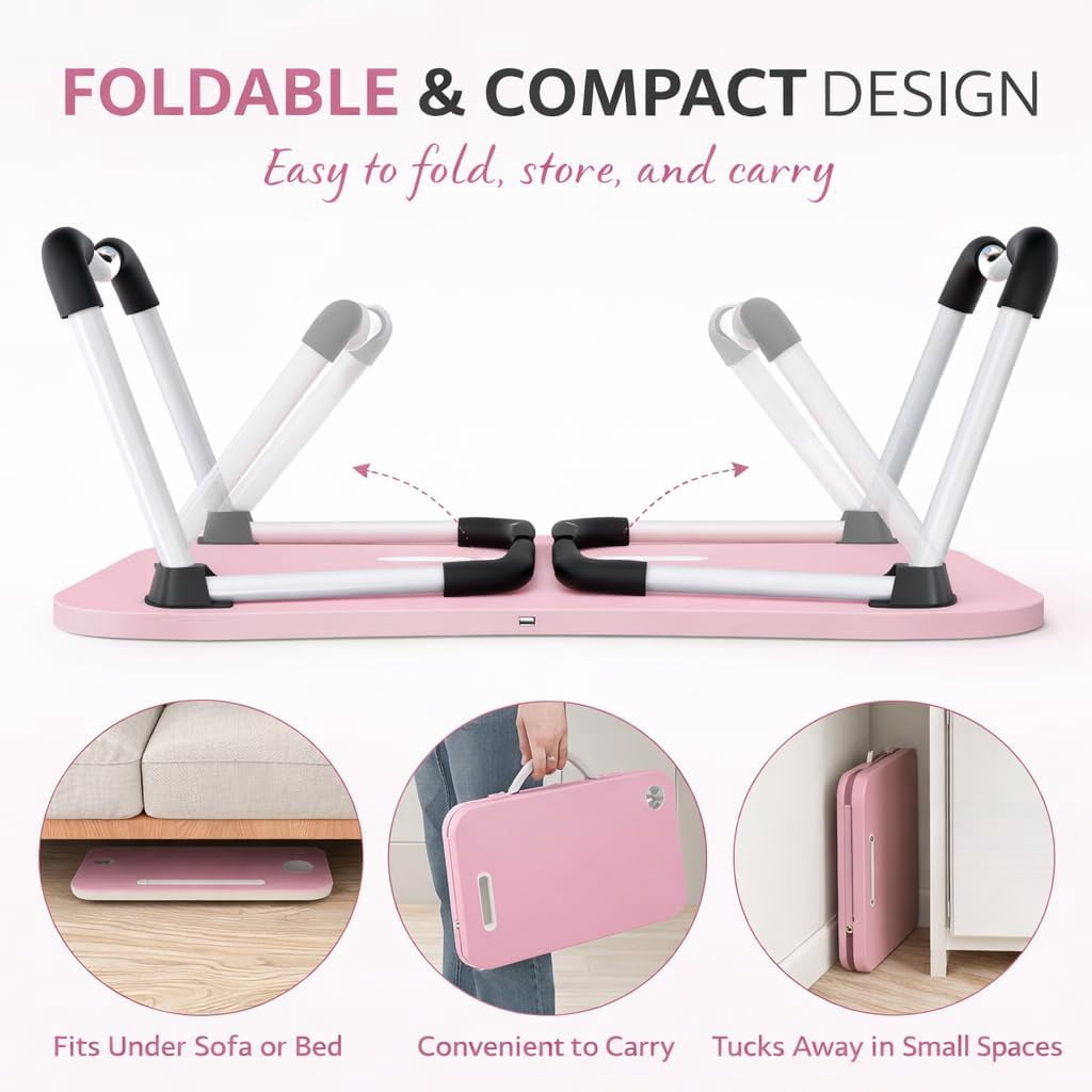 WSA Foldable Lap Desk with Drawer & Cup Holder, 23.6” Portable Laptop Bed Tray Table with Tablet Slot, Non-Slip Laptop Desk for Bed Couch Sofa, Working Writing Eating Breakfast (Pink)