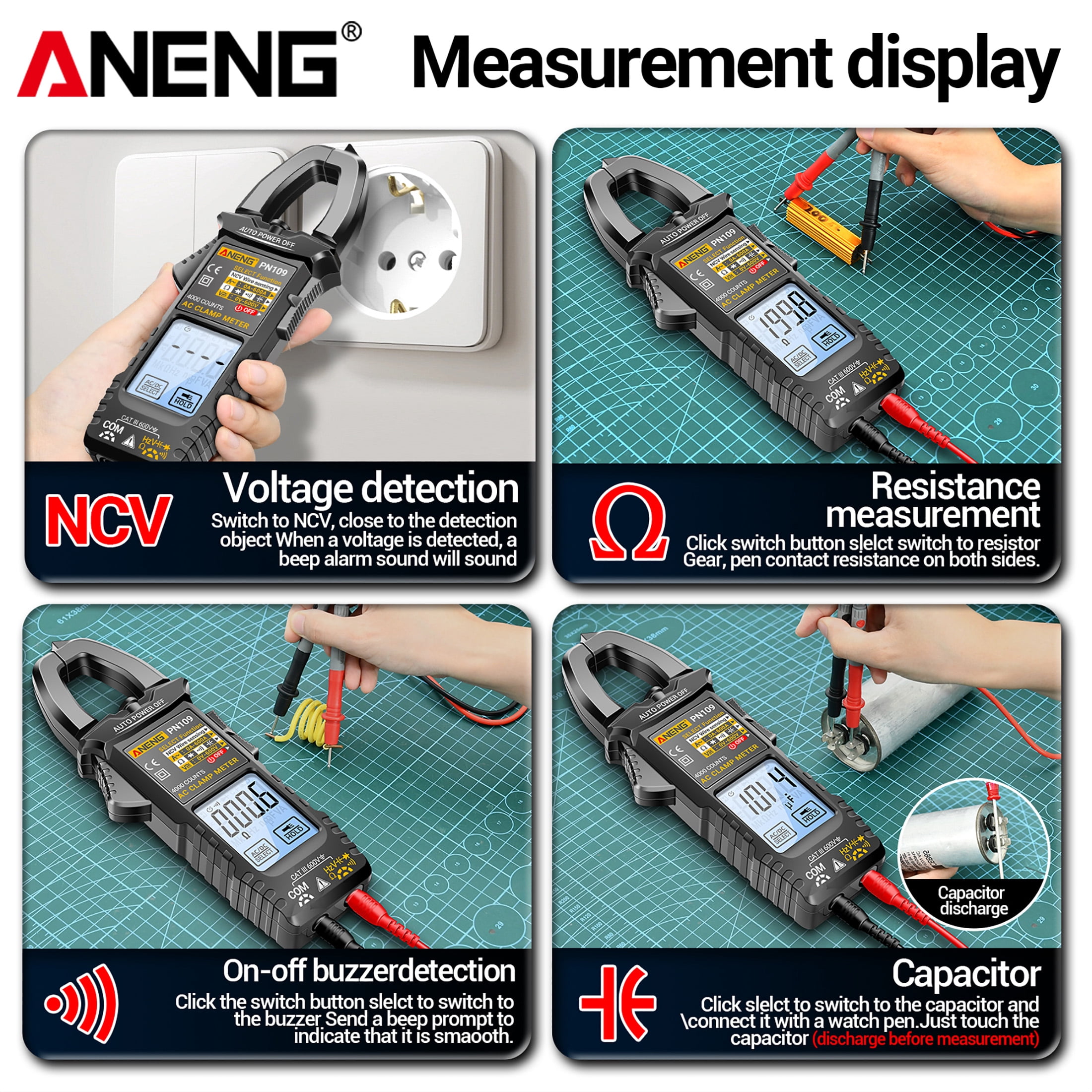 ANENG Smart Touch Clamp Meter Digital Multimeter PN109 600A AC Current 600V AC/DC Voltage NCV Detection 4000 Counts Auto-Off