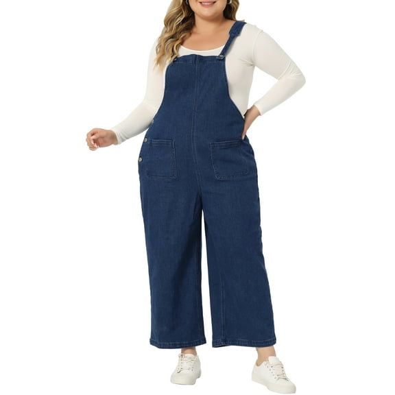 Agnes Orinda Women's Plus Size Overalls Pants Denim Bib Casual Stretch Adjustable Suspenders Jumpsuit 1X Dark Blue