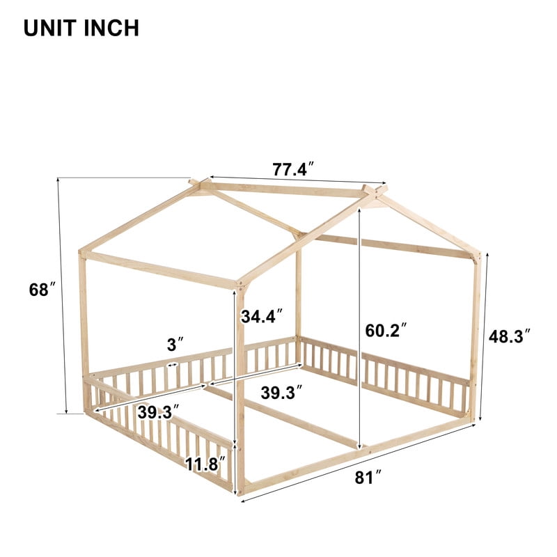 Double Twin Size House-Shaped Canopy Floor Bed with Safety Guardrails, Kids Wooden Low Profile Bed Frame with Open Roof Design