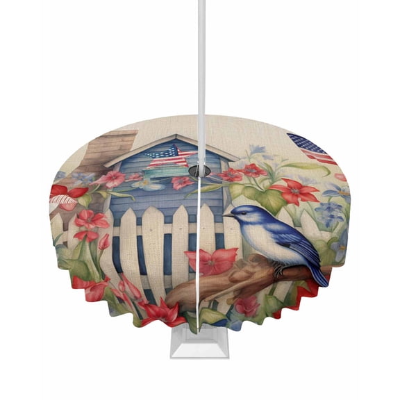Fsddascl 4th of July Outdoor Tablecloth - 60 Inch Round Dining Table Cover, Farmhouse Independence Day Floral Birds Waterproof Outdoor Table Cloth with Umbrella Hole & Zipper for Picnic/Patio/Party