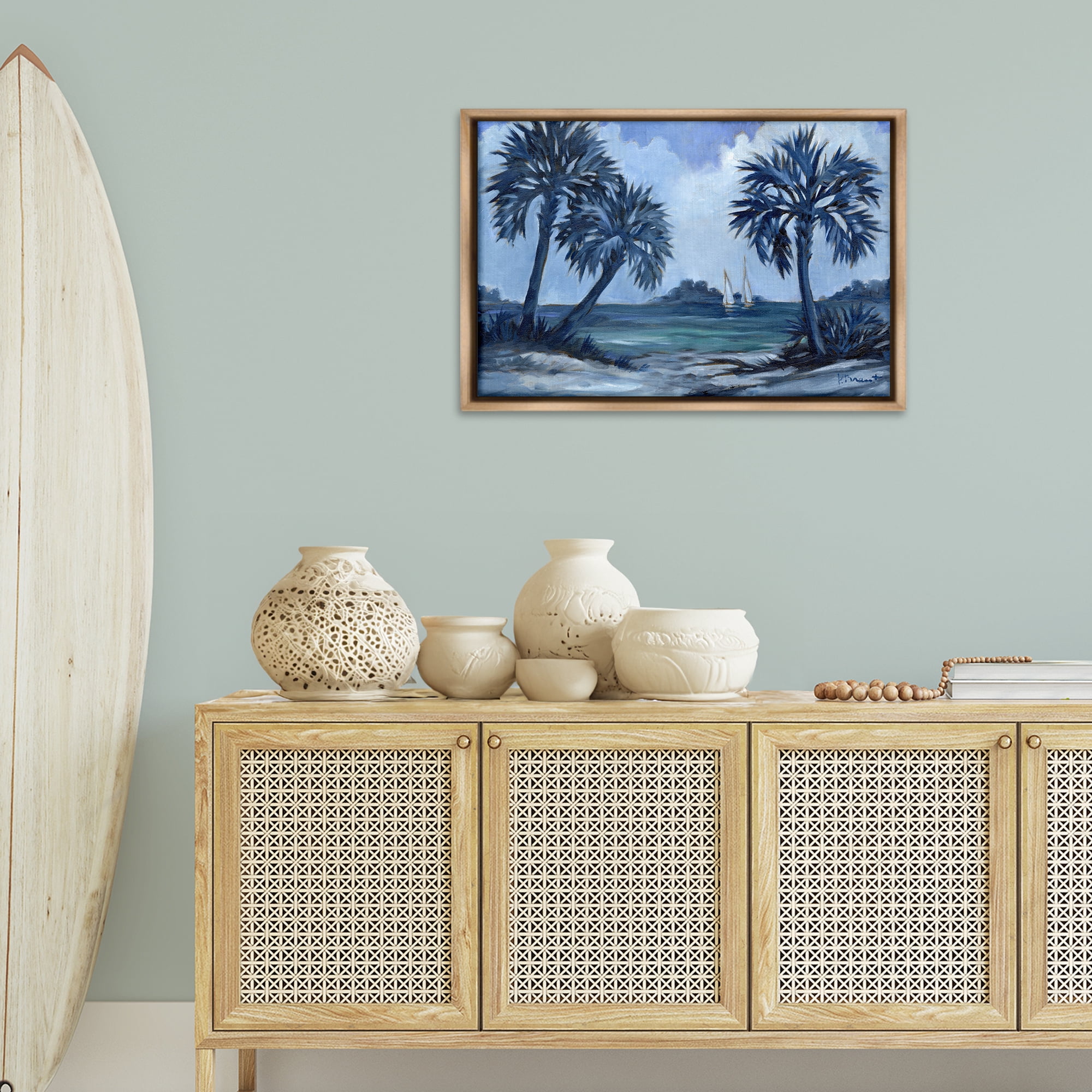 Stupell Industries Indigo Palms Impressions Landscape Painting Brown Floater Framed Canvas Art Print Wall Art, 31 x 21
