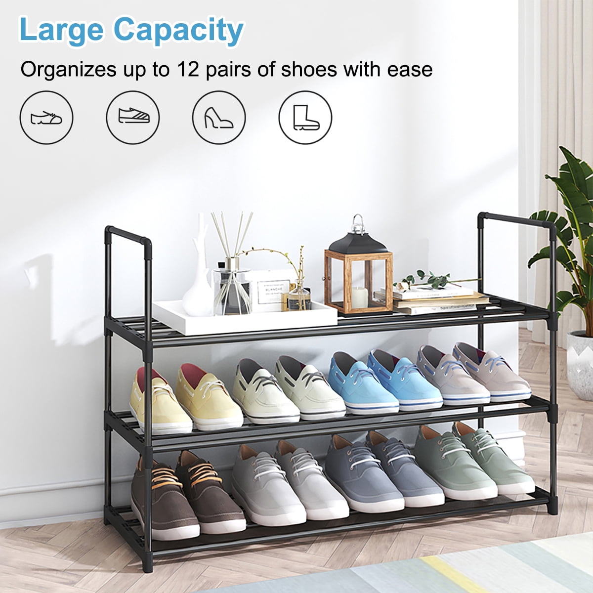 Fiuion Shoe Rack Multi-tier Metal Shoe Racks 12 Pairs Shoe Organizer Storage Freestanding Stainless Steel Shoe Shelf for Closet, Hallway, Entryway, Black, 3-Tier, 31.5in
