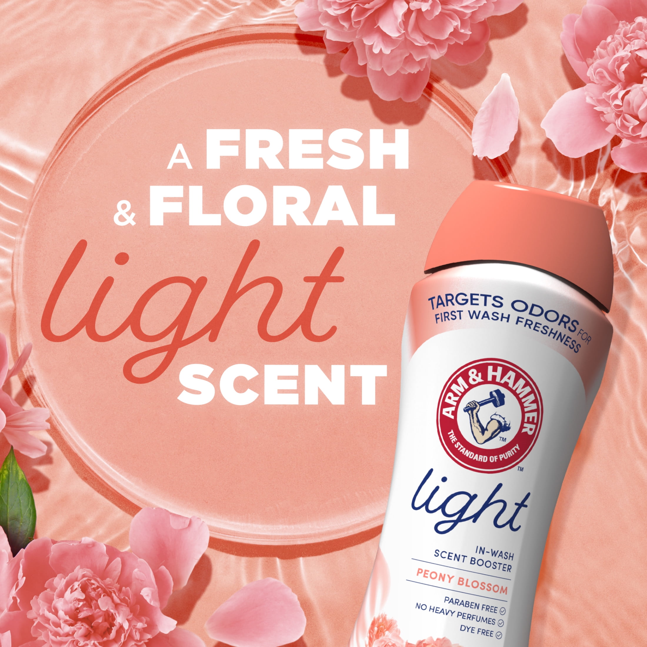 (4 pack) ARM & HAMMER Light In-Wash Scent Booster, No Heavy Perfumes, No Dyes, No Parabens, Peony Blossom Scent, 24 Oz