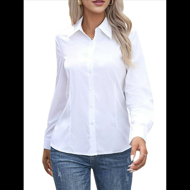Camisas de Botones Súper Suaves y Antiarrugas para Mujer, de Larga, Lisas, A Rayas, para Vestir Formalmente en el Trabajo. L