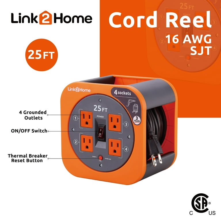 Link2Home Cord Reel 25 ft. Extension Cord 4 Power Outlets – 16 AWG SJT Cable.  