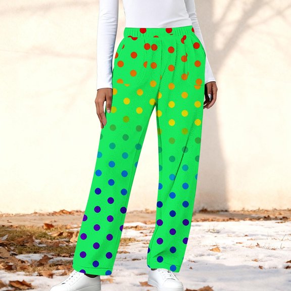 ClodeEU Women's Polka Dot Printed Elastic Waist Plush Pant,Wide Leg Pants With Side Pockets Green,Womens Plus M