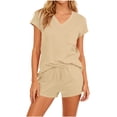 thumbnail image 3 of Feancey Cute 2 Piece Outfits for Women Comfy Lounge Sets Short Sleeve V Neck Summer Set Drawstring Shorts Pajama Two Piece with Pockets Khaki M, 3 of 8