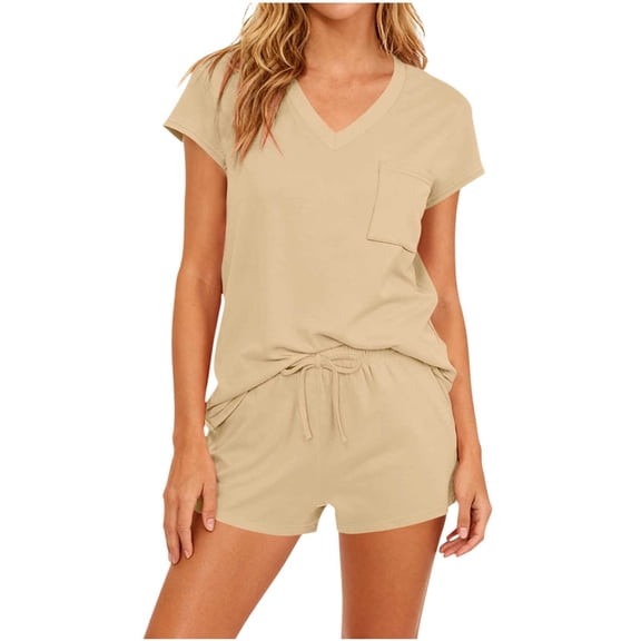 Byworldtasic Women's Short Sleeve Pajama Sets Casual V Neck 2 Piece Lounge Sets Vacation Trendy Airport Suits