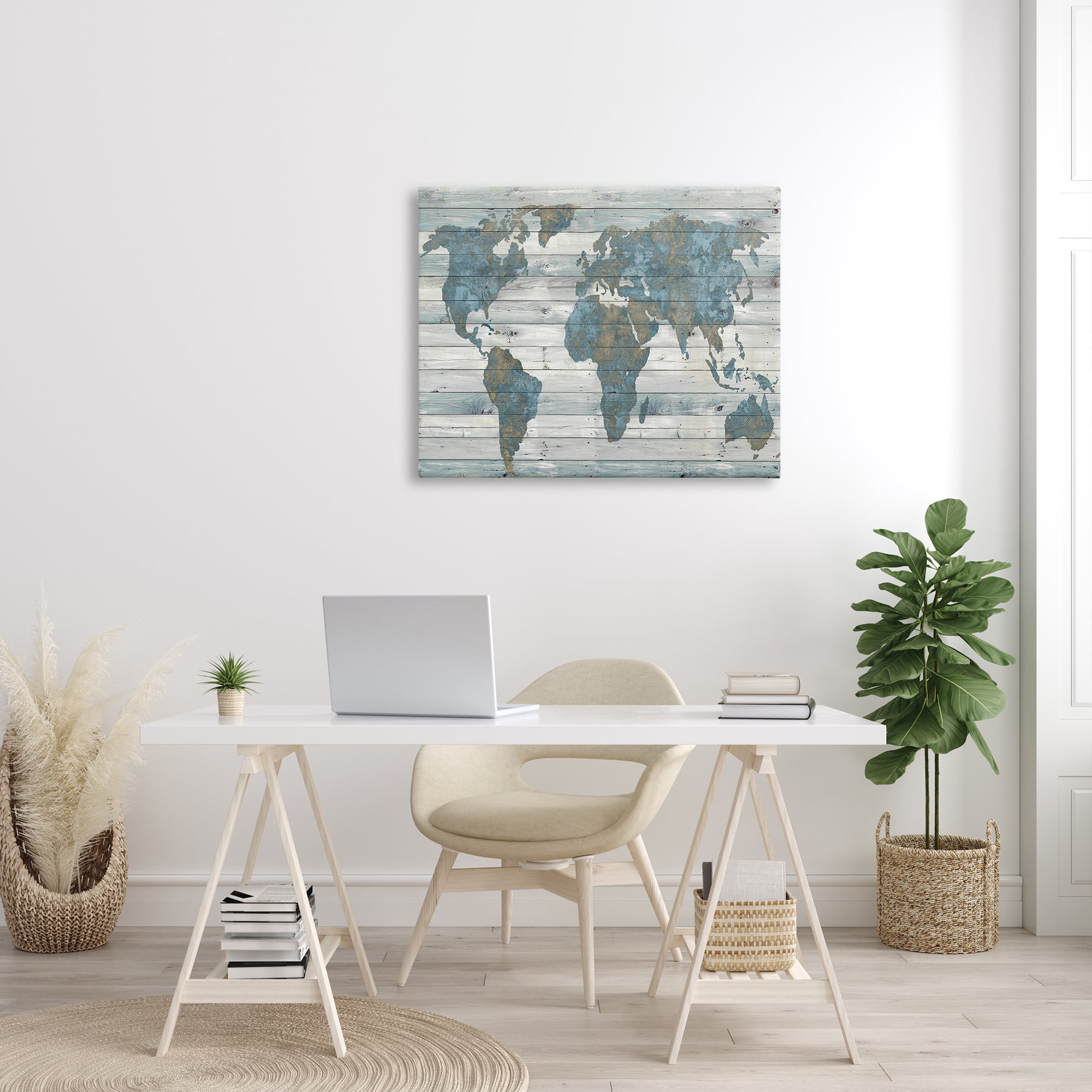 The Stupell Home Decor Collection Slate Blue and Tan Rustic Planked Look Weathered World Map XXL Stretched Canvas Wall Art, 30 x 1.5 x 40