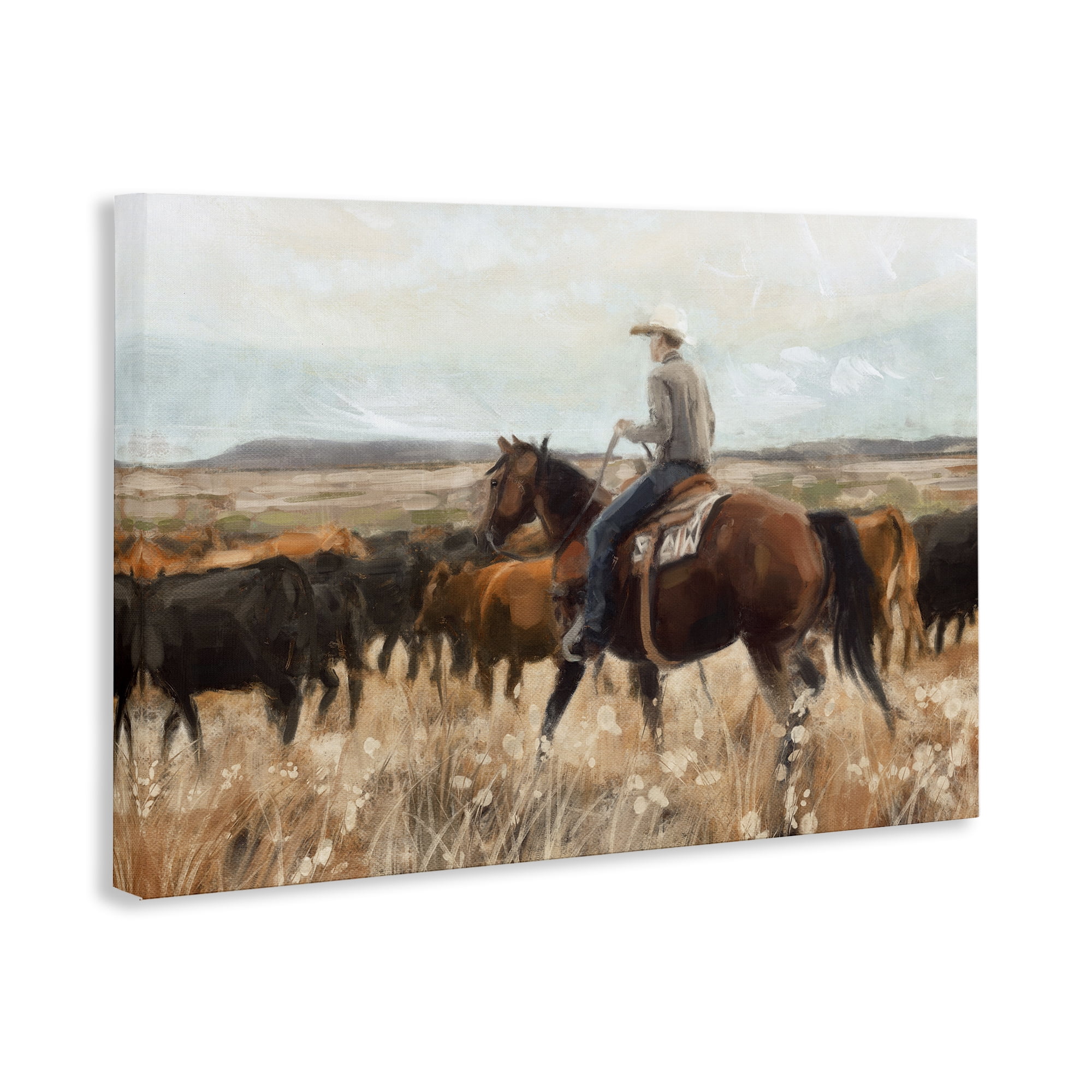 Stupell Industries Cowboy Rounding Cattle Landscape Painting Gallery Wrapped Canvas Art Print Wall Art, 36 x 24