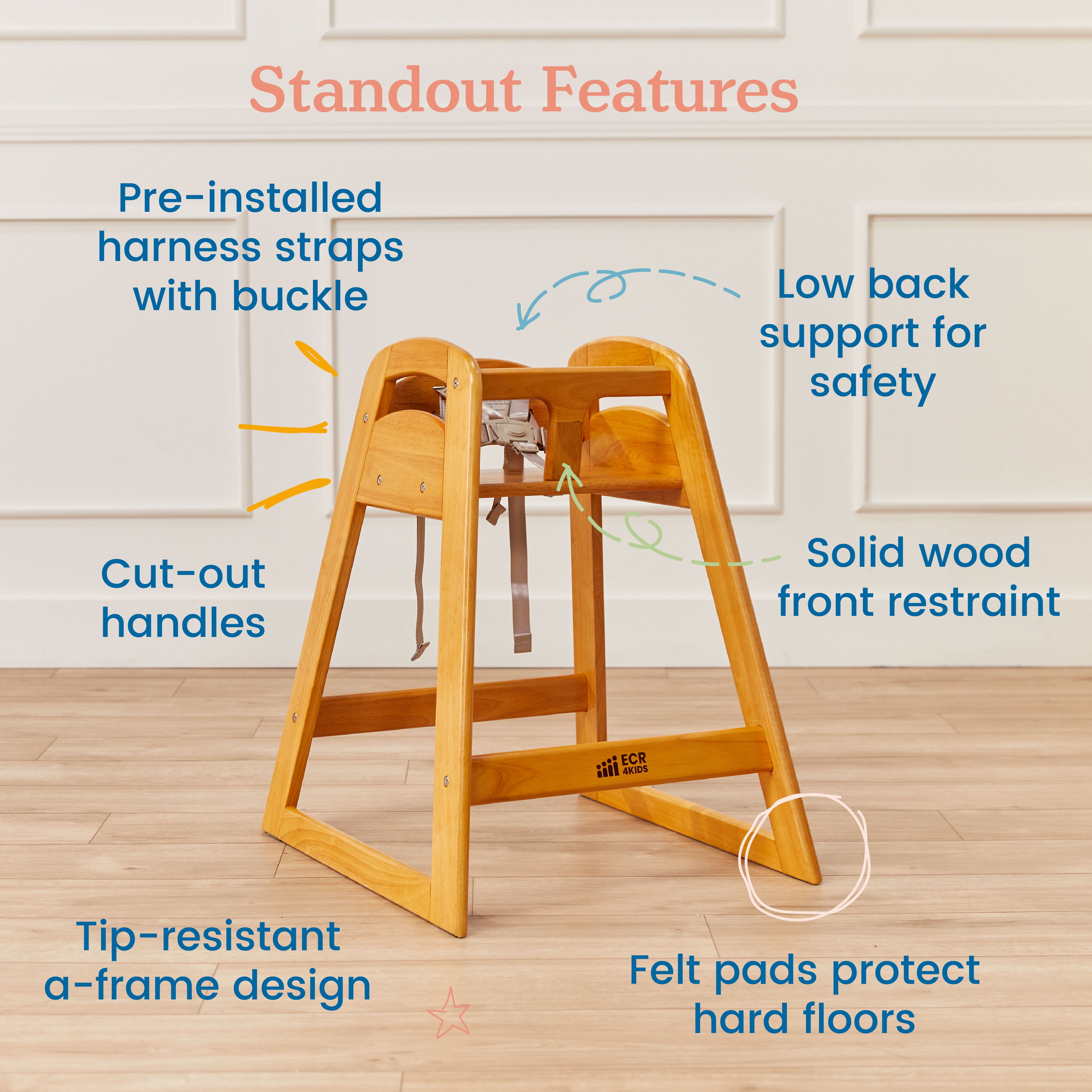 ECR4Kids ASATT Wooden Baby High Chair with Safety Strap, Childrens Furniture, Honey