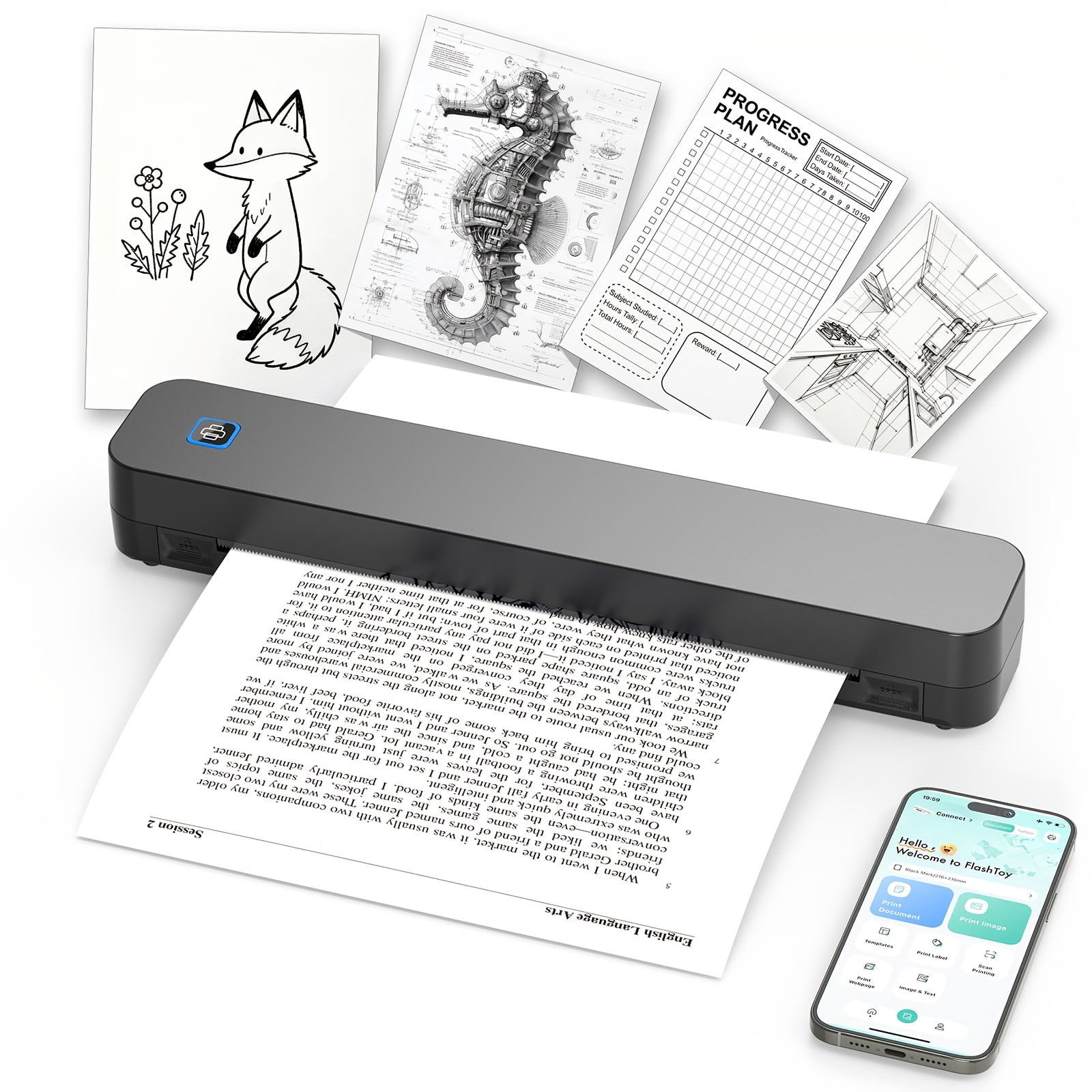 Portable Inkless Travel Thermal Printer+10/110pcs A4 Paper Combo Pack - Compatible With Mobile Phones And Laptops, Supports 8.5X11 Inch Thermal Letter Paper, Suitable For Office, Travel, And Home.
