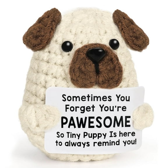 Positive Puppy Emotional Support Crochet Plush, Handmade Mini Dog Desk Buddy with Encouraging Message, Comforting Stress Relief Gift for Kids Women Men, Cute Motivational Companion