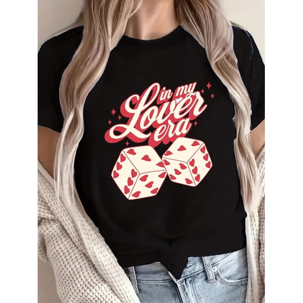 Camiseta de algodón para mujer "Dados de Amor para San Valentín" - Cuello redondo informal, manga corta, estampado de dibujos animados, lavable a máquina, ideal para el tiempo libre.