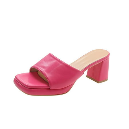 

YanHoo Women s Heel Sandals Dressy Square Open Toe One Band Chunky Heel Sandals Summer Ladies Slip on Sandals