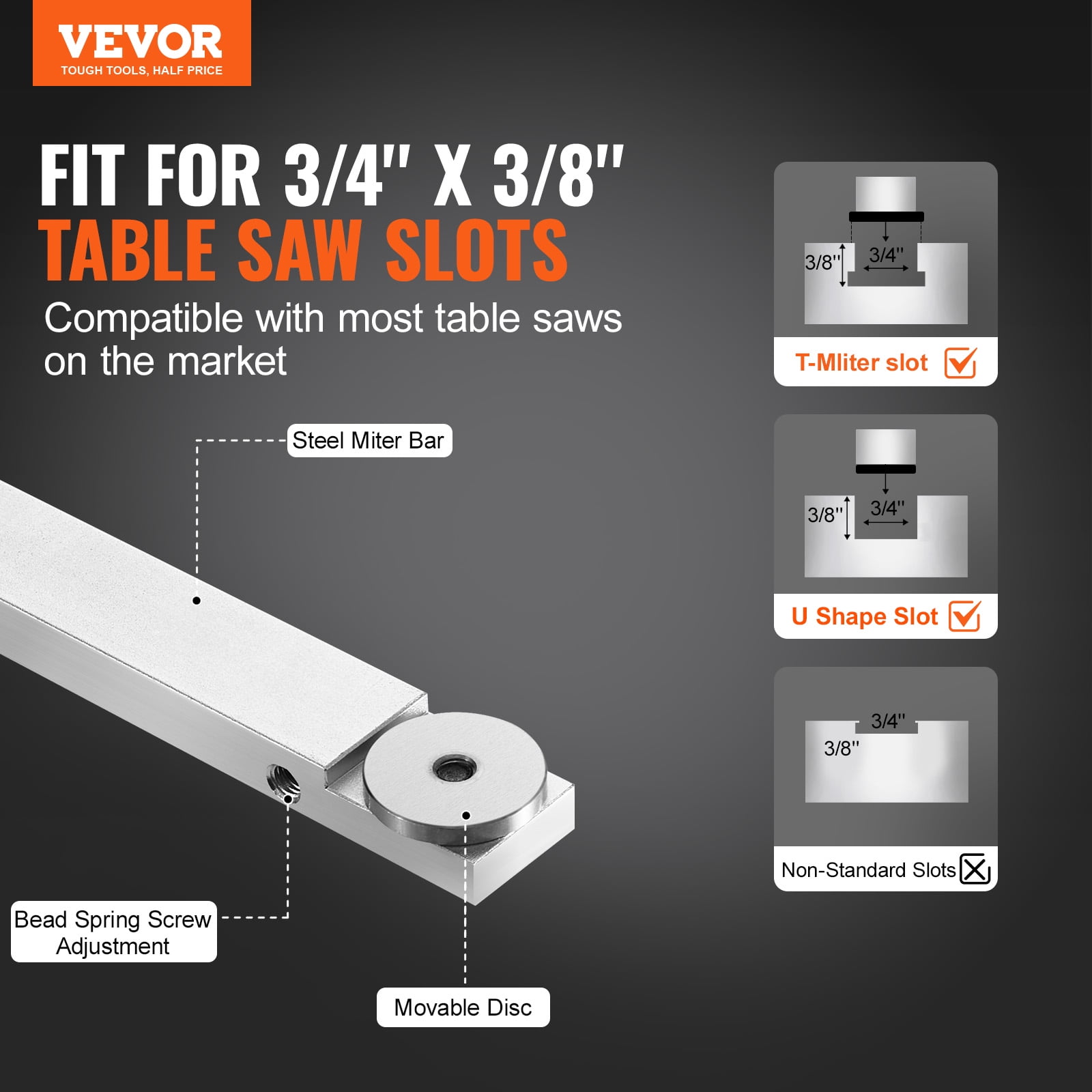 VEVOR Precision Miter Gauge, Standard Slot 3/4'' x 3/8'',Aluminum Alloy Table Saw Miter Gauge with 19-35 in Grating 15 Angle Stops Adjustable Spring Loaded Plunger and Removable Disc, for Woodworking