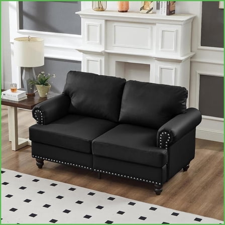 59.5" American Classic Black Loveseat | Imitation Leather | Round Arms | Storage Living Room Sofa