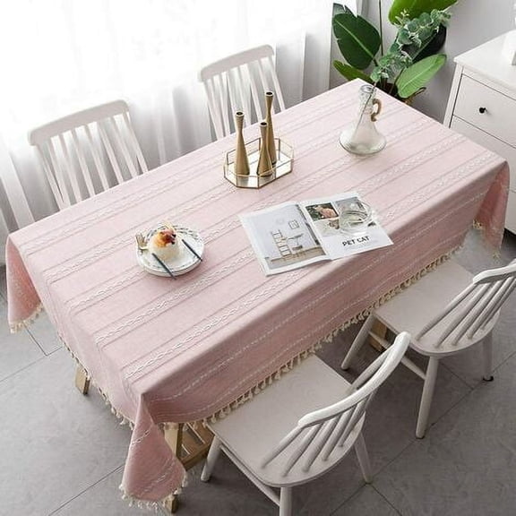 Rectangular tablecloth with fringes, small frothed tablecloth, cotton and linen tablecloth, soft tablecloth for indoor or outdoor kitchen tablecloth, pink 140*140 cm)