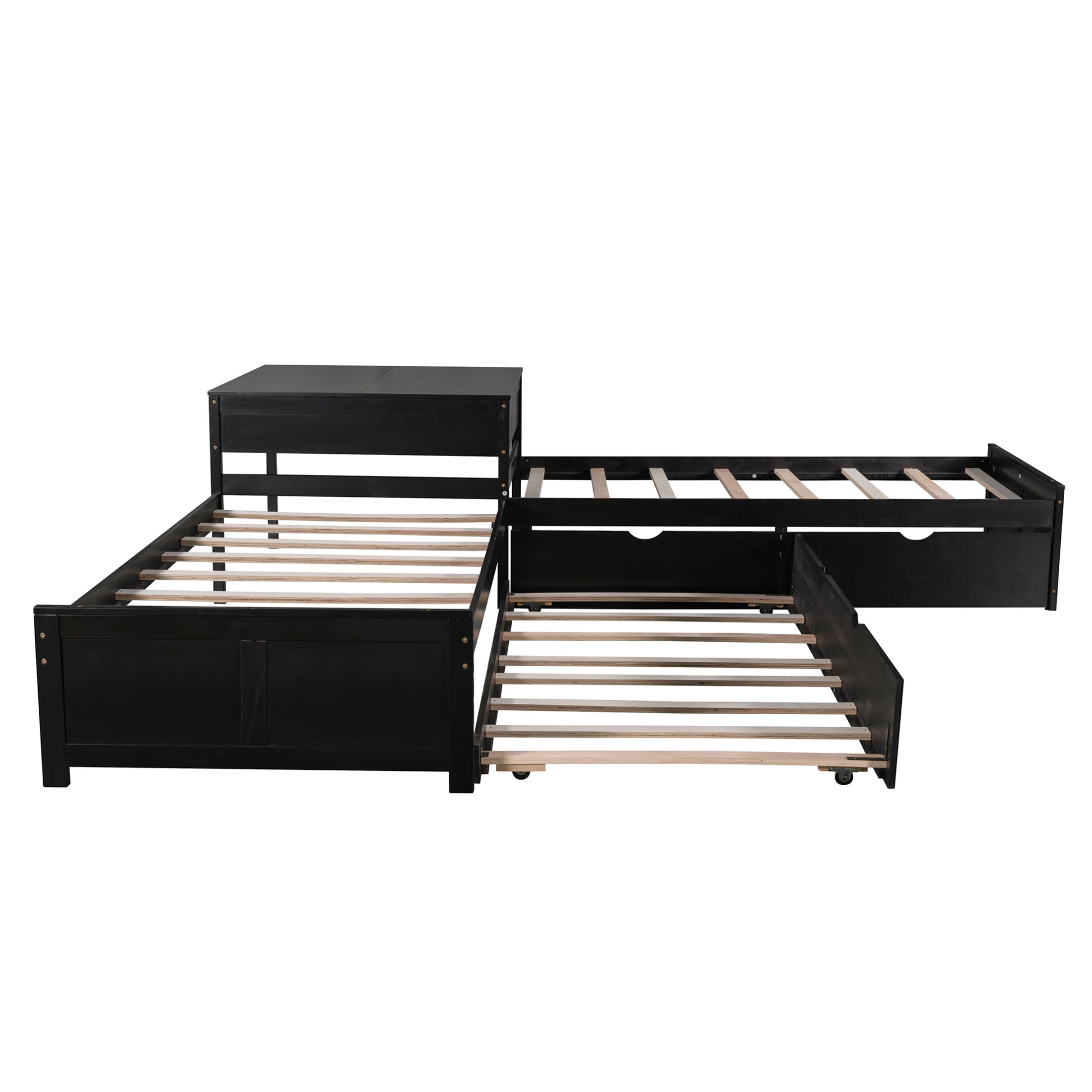 Noble House Solsto L-shaped Platform Bed with Trundle, Storage Drawers and Built-in Desk, Twin Size Corner Bed, Espresso