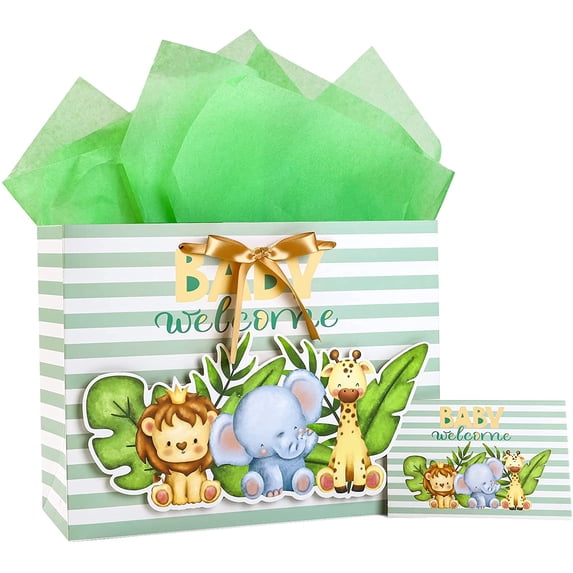 Unisex Baby Gift Bag Yellow and Green Animal Design with Tissue Paper and Greeting Card for Baby Shower, New Parents, and More - 13" x 10" x 5", 1 Pcs