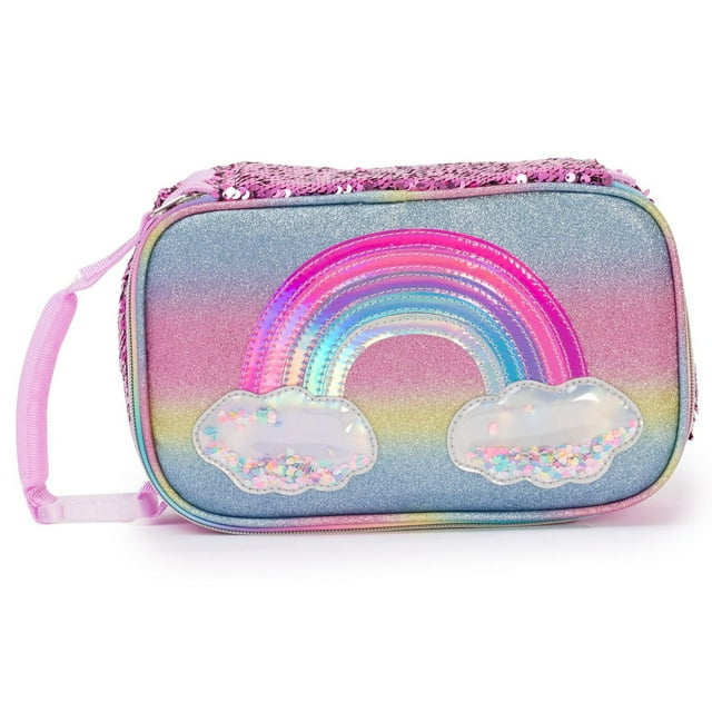 Jetstream insulated lunch bag for kids with glittery rainbow and clouds design, padded pink handle for easy carrying.