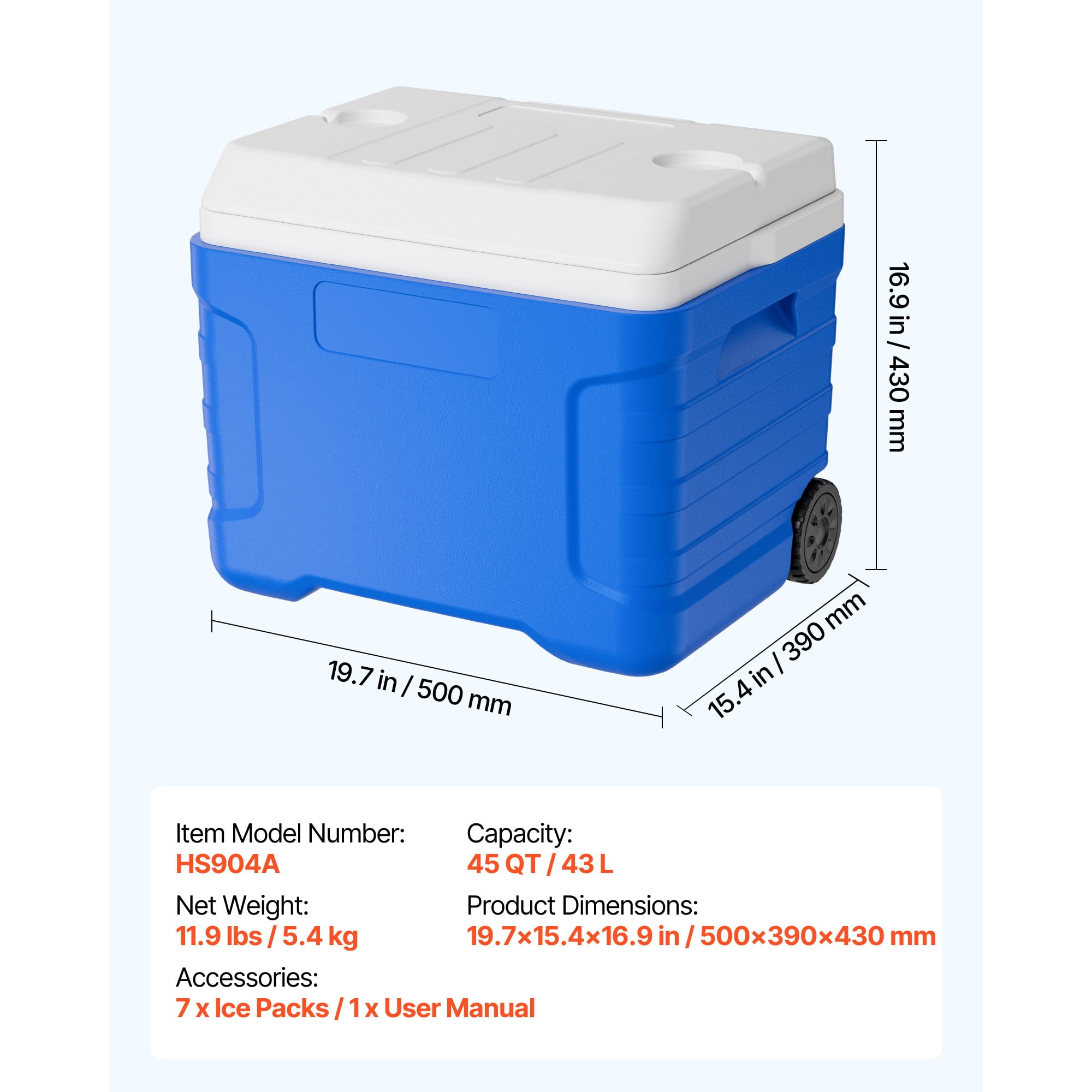 KFFKFF 45QT Portable Rolling Cooler with Wheels, Insulated Ice Chest for 48-Hour Cooling, Lightweight and Leak-Resistant Design for Outdoor Activities, Picnics, Camping, and Grilling