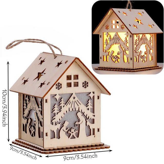 Cabaña colgante de madera Natural con luces LED cálidas, adornos navideños, lámpara de Castillo brillante de madera, regalos de Año Nuevo, juguetes para niños