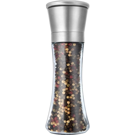 Pepper Grinder or Salt Grinder, Best Spice Mill with Ceramic Blades, Adjustable Coarseness, Stainless Steel Cap, and Refillable Tall Glass Body with 6OZ Capacity (7.5")