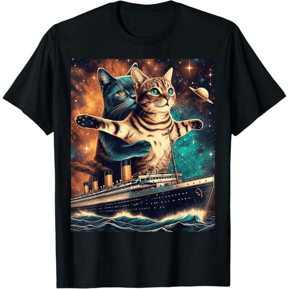 Unisex Black Cosmic Cat Titanic Graphic Tee Plus Size S-5XL, Artistic Printed T-Shirt, Casual Oversized Top for Cat Lovers & Surreal Art Enthusiasts
