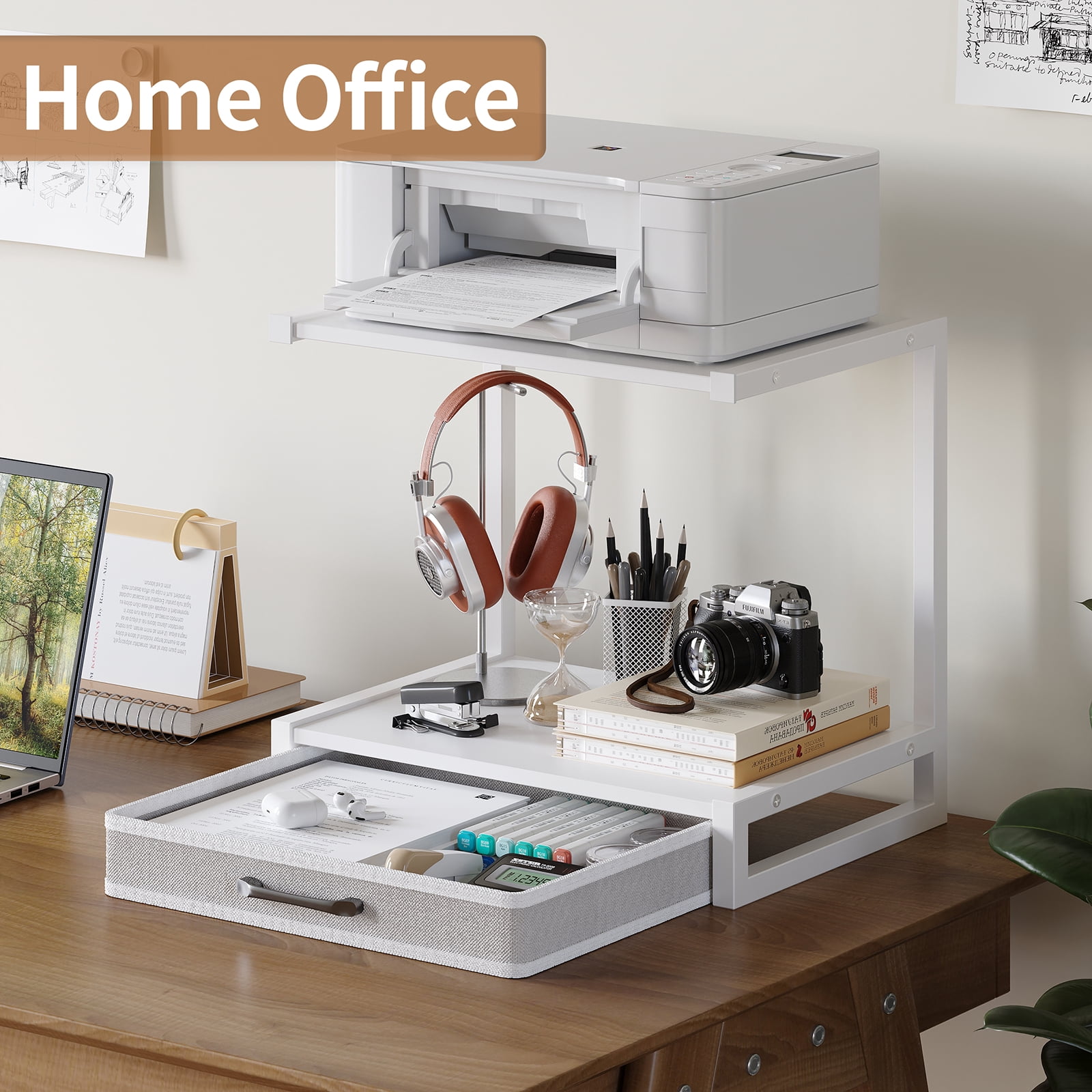 MIN EN WIN 2-Tier Monitor Stand Riser with Fabric Drawer, Sturdy Desk Organizer for Adult Home Office