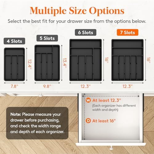 Silverware Drawer Organizer Tray, Plastic Cutlery Storage for Kitchen, Flatware and Utensil Holder Divider for Spoons Forks Knives Tableware, 12.3 x 16", 7 Slots, Black