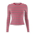 thumbnail image 4 of bbyeadc Red Long Sleeve Shirts for Women Crew Neck Strechy Going Out Tee Shirts Spring Fall Winter Casual Striped Slim Fit Tee Top Pullover, Red XS, 4 of 5