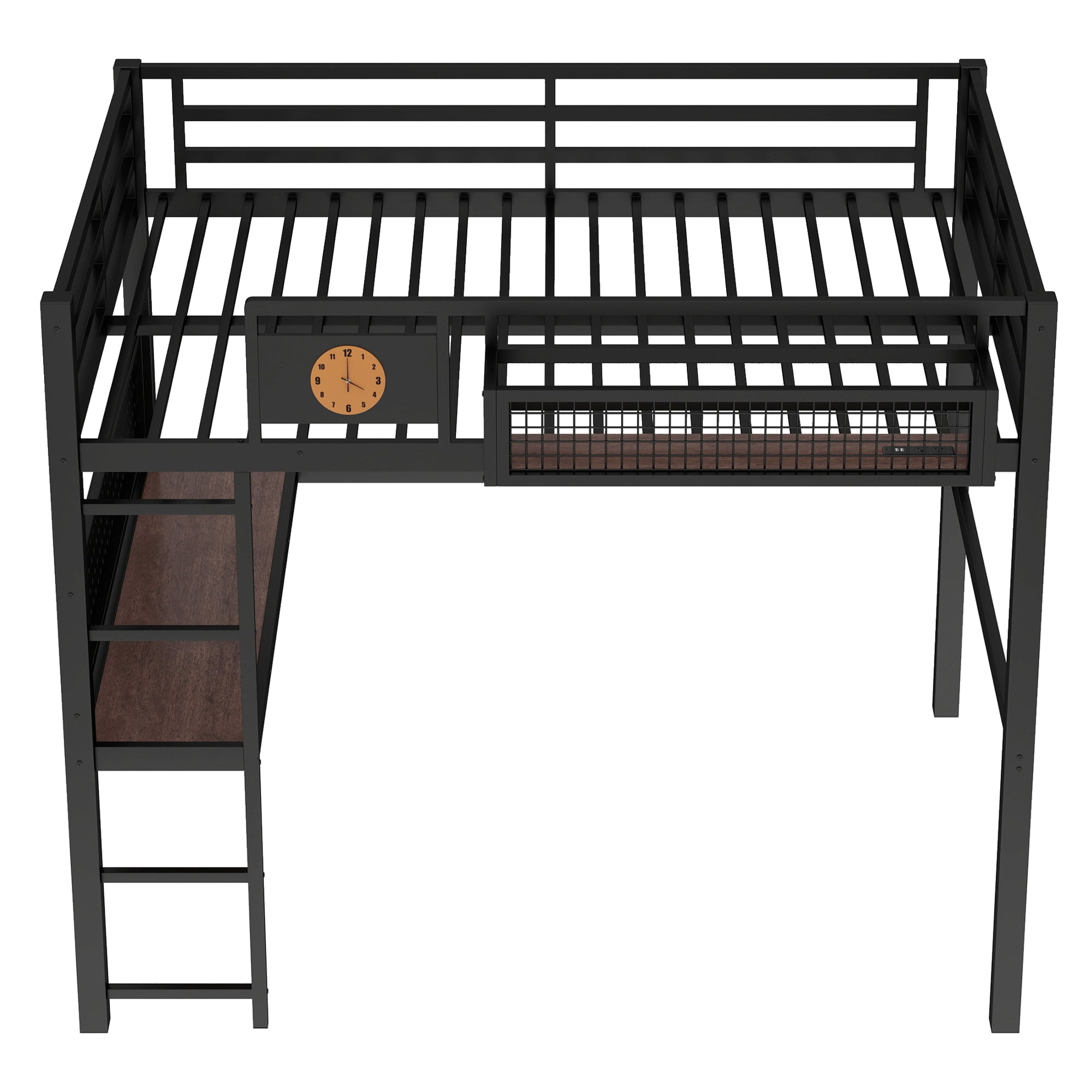 Leumius Full Size Loft Bed with Desk,Metal Loft Bed Frame with Charging Port,Clock and Storage Basket,Black