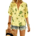 thumbnail image 2 of Womens Tops Casual Deep V Neck Linen T Shirts Floral Print Loose Comfy Short Sleeve Everyday Beach Tops Yellow S, 2 of 9