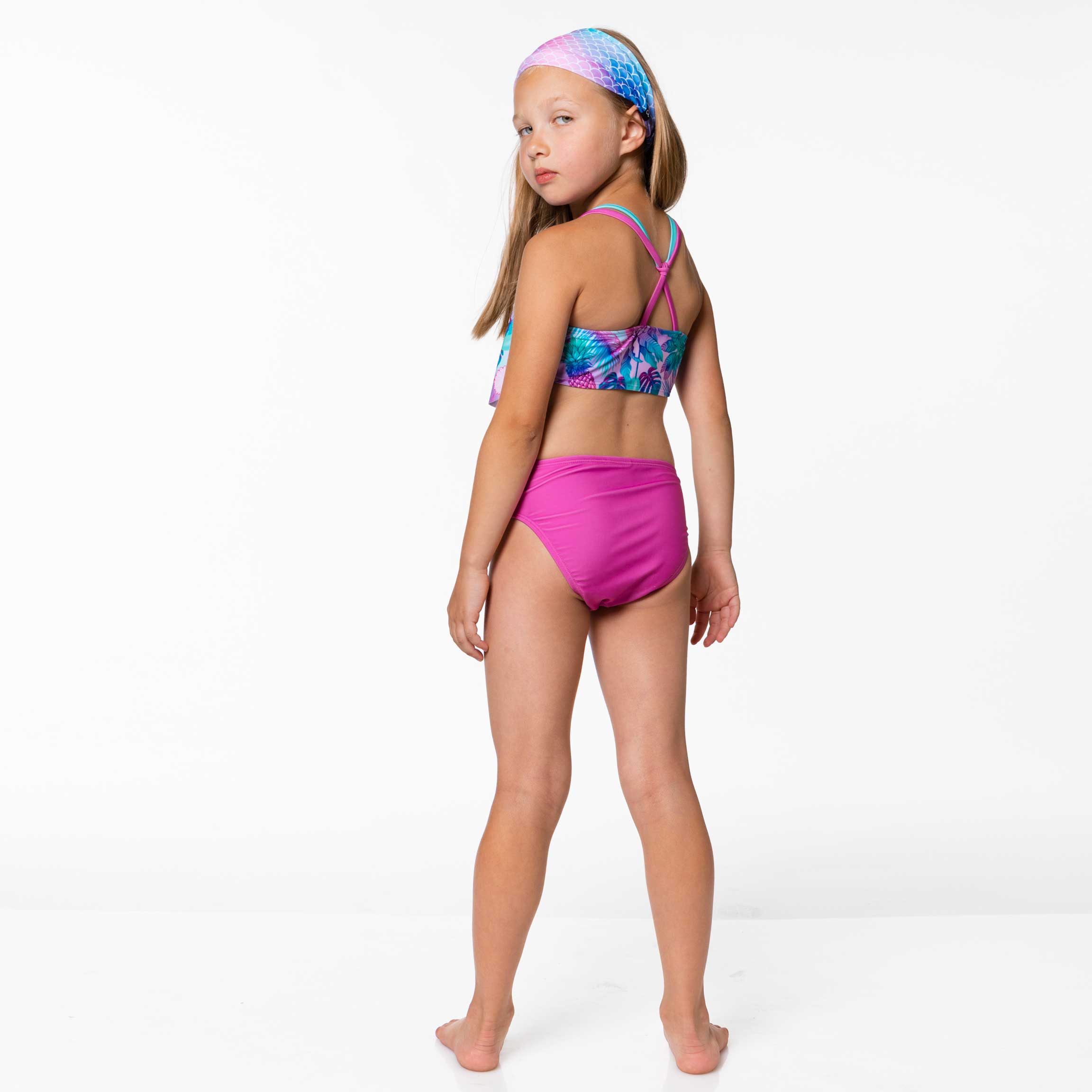 deux par deux Girls Printed Two Piece Swimsuit - Pink Stripe & Blue Roses