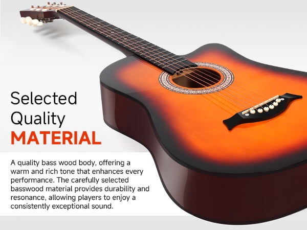 Moukey EAG-100 38in Acoustic Guitar for Beginner Kid Adult Teen Guitarra Acustica with Chord Poster, Gig Bag, Picks, Strings, Cloth, Strap - Sunset