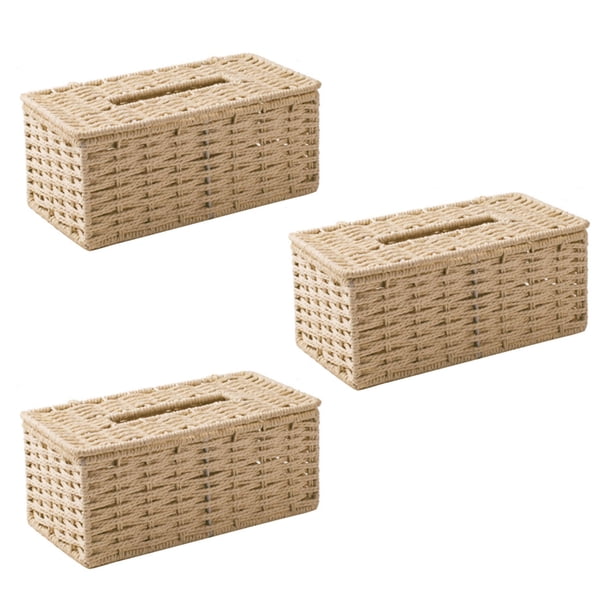 3X Caja de PañUelos de Ratán, Servilletero Vintage, Cubierta de Contenedor de Almacenamiento de Desorden de Caja, Decoración de Escritorio de Sala de Estar (Beige)