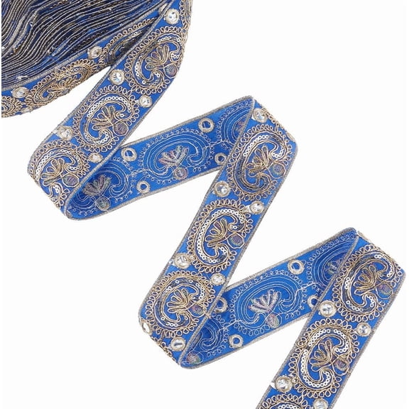 10 Yards 2 Inch Blue Jacquard Ribbon Flower Boho Embroidered Woven Fabric Applique Ribbons Sequin Bead Floral Embroidery Trim Tape for Sewing Making Crafts Cloth Christmas Wedding Home Decor