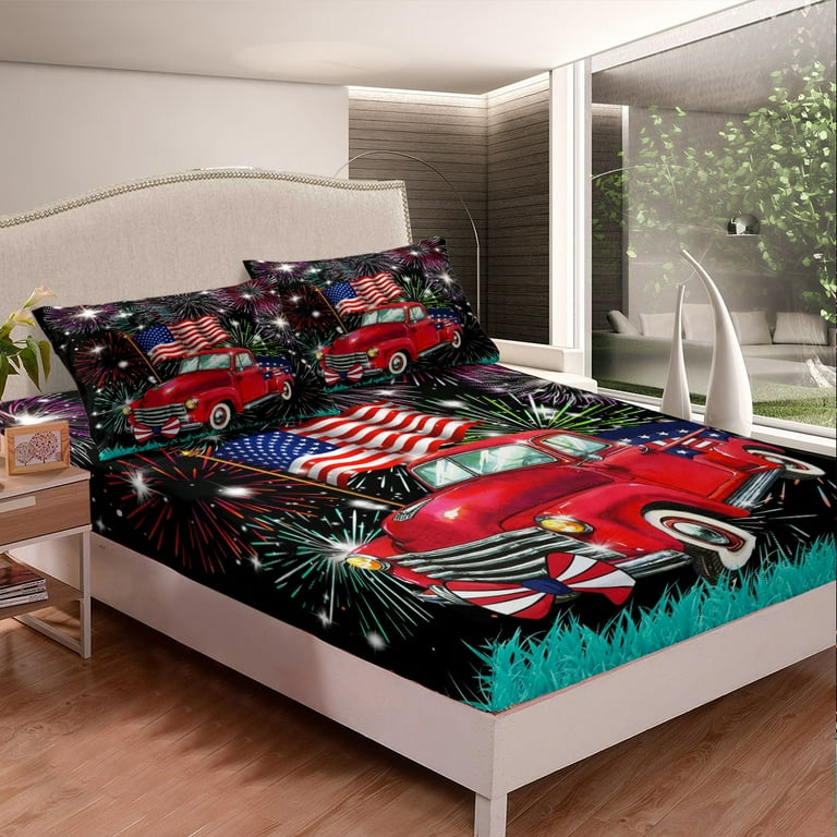 USA Pickup Car Bedding Set Independence Day Patriotic Theme Bed Sheets with Deep Pocket American Flag with Fireworks Fitted Sheet 4th of July God Bless The USA Sheets for Men Women Kids