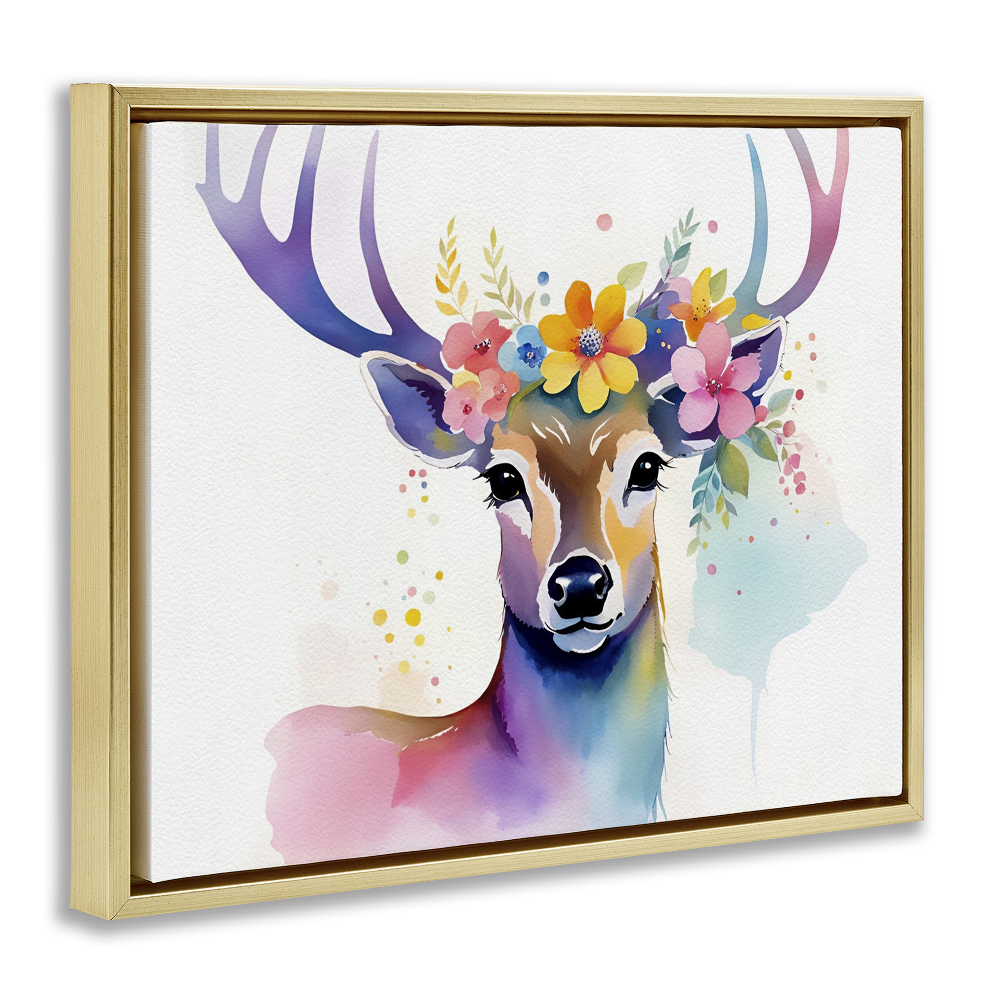 Stupell Industries Floral Garland Deer Animals & Insects Painting Gold Floater Framed Canvas Art Print Wall Art, 31 x 25