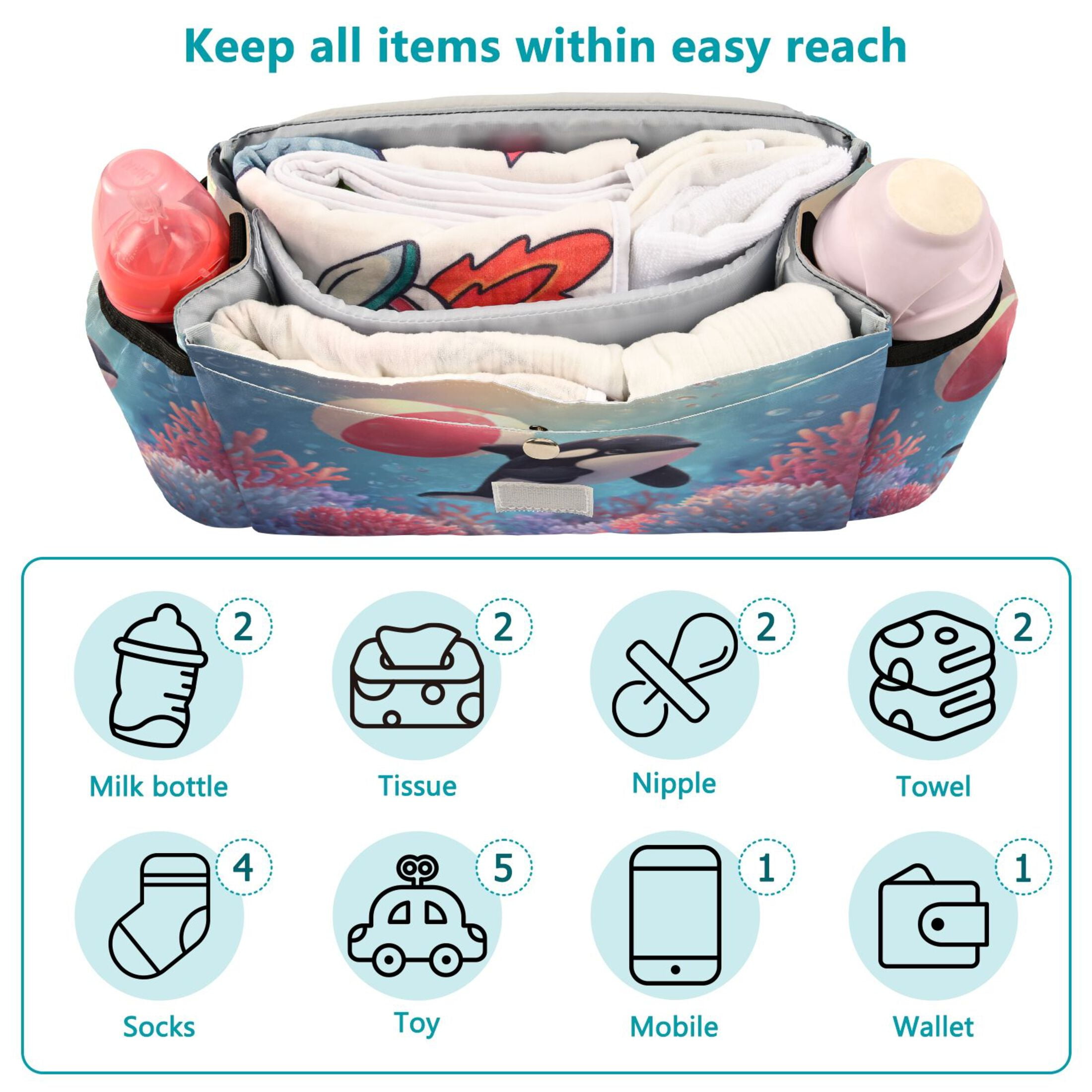 DIXRUYEE Stroller Organizer Orca Beach Ball Printed