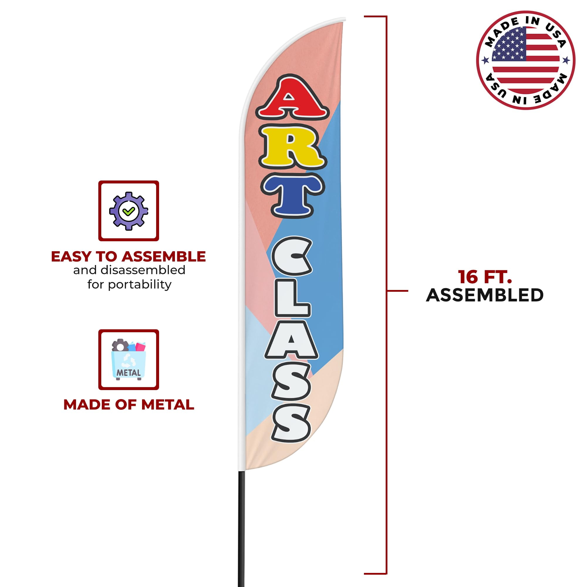 Art Class Sign feather flag Pole Mount for Outdoor by Mavis Print | 15 FEET Long Outdoor Banner Flag Mount for Easy Hang | HD Print Swooper Flag Stand forArt Class Advertising | Made in USA