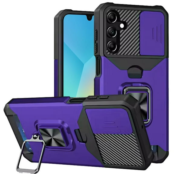 For Samsung A16 5G Multi-Functional Card Magnetic Ring Stand Hybrid Camera Case Cover - Dark Purple
