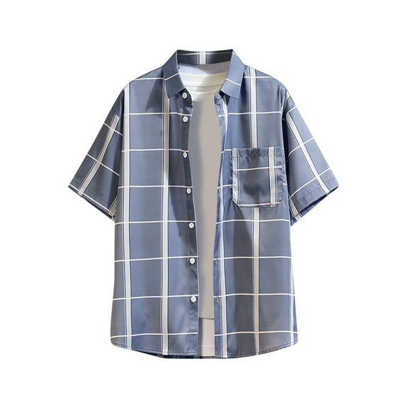 APEXFWDT Big and Tall Casual Plaid Shirt Men's Short Sleeve Button Down Summer Shirt for Youth Loose Turndown Collar Shirt Tops