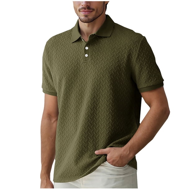 Camisa Elvqul para Hombre sin Estampado Manga Corta Abotonada Verde del Ejército Casuales con Solapa