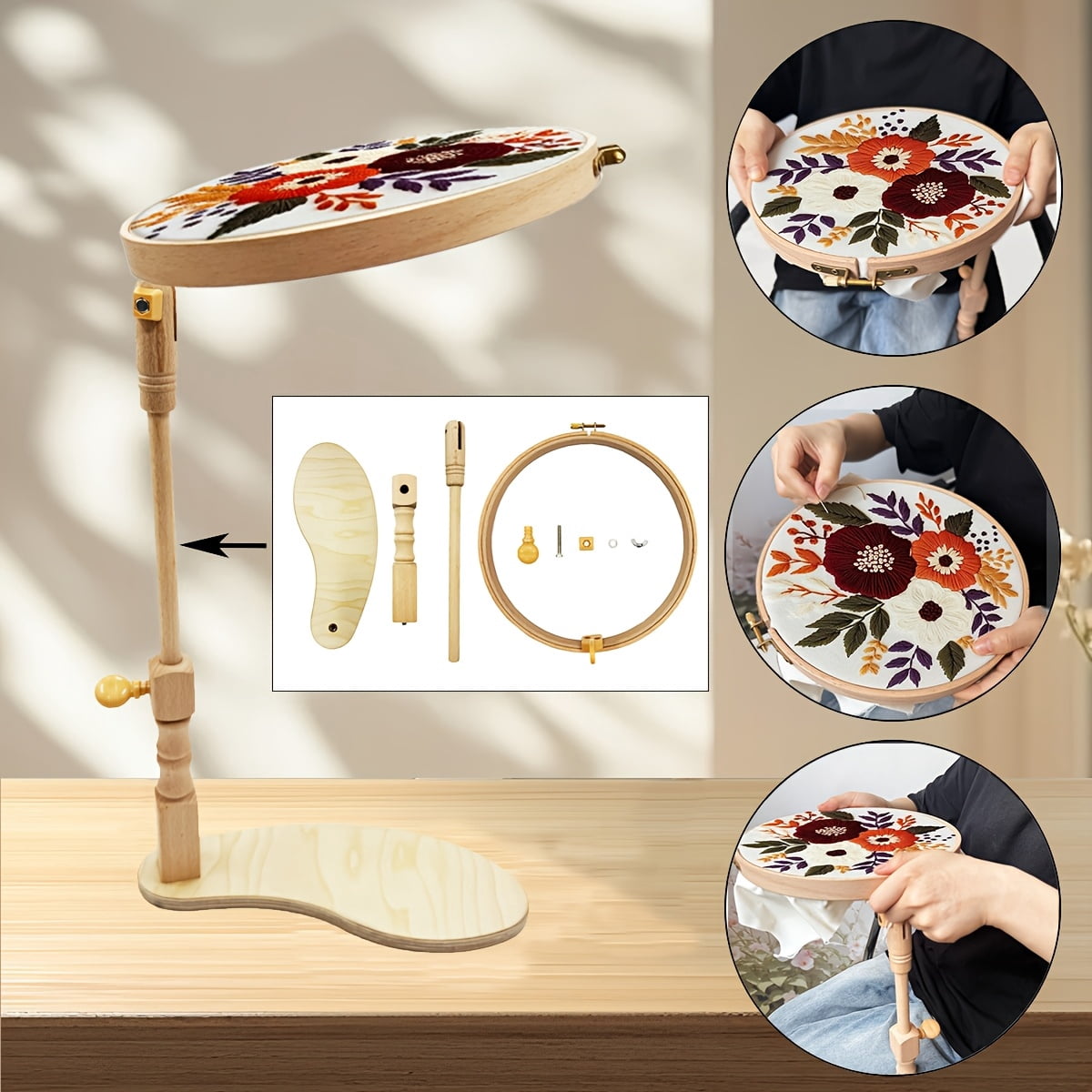 Adjustable Embroidery Stand - Wood Embroidery Hoop Holder, Height-Adjustable Needlework Frame for Cross Stitch, Embroidery, Needlepoint, Sewing & Crafts, Ideal for All Skill Levels