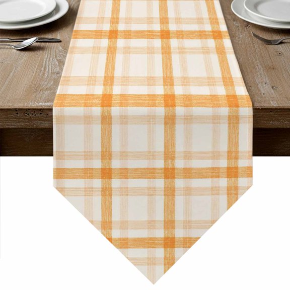 Orange Plaid Table Runner Linen Burlap Table Runner 72 Inches Long Fall Gingham Grids Striped Farmhouse Dresser Scarves for Kitchen Island Coffee Dining Room Party Wedding Holiday Decoration 14"x72"