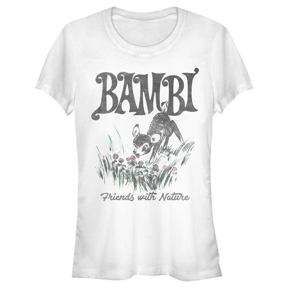 Junior's Bambi Friends With Nature Artistic Sketch Graphic Tee White Small